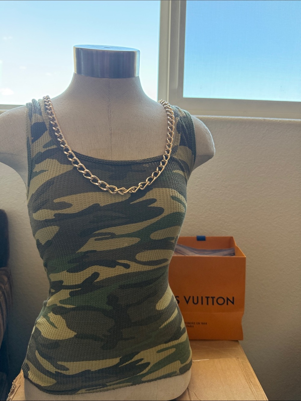 LOTTA STENSSON  Camo Scoop Neck Tank with Chain Detail - Olive Green